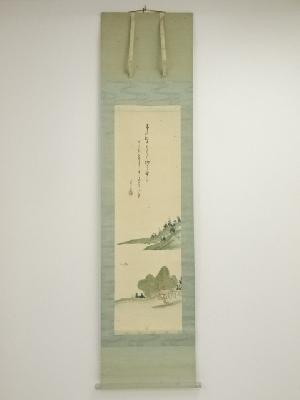 阪正臣筆　春景山水自画賛　肉筆絹本掛軸（共箱）